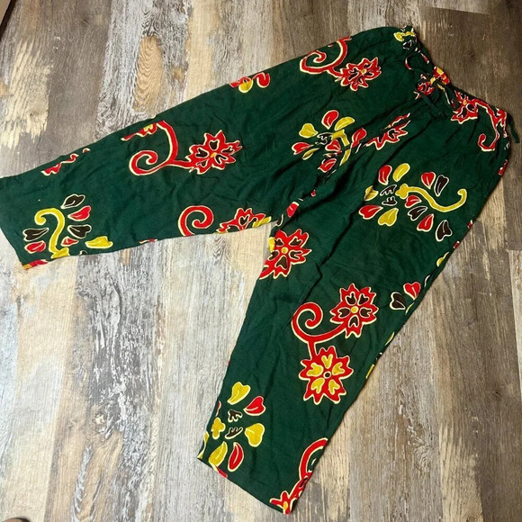 Kimia Collection Boho Hippie Green Floral Drawstring Casual Rayon Pants - Picture 6 of 6